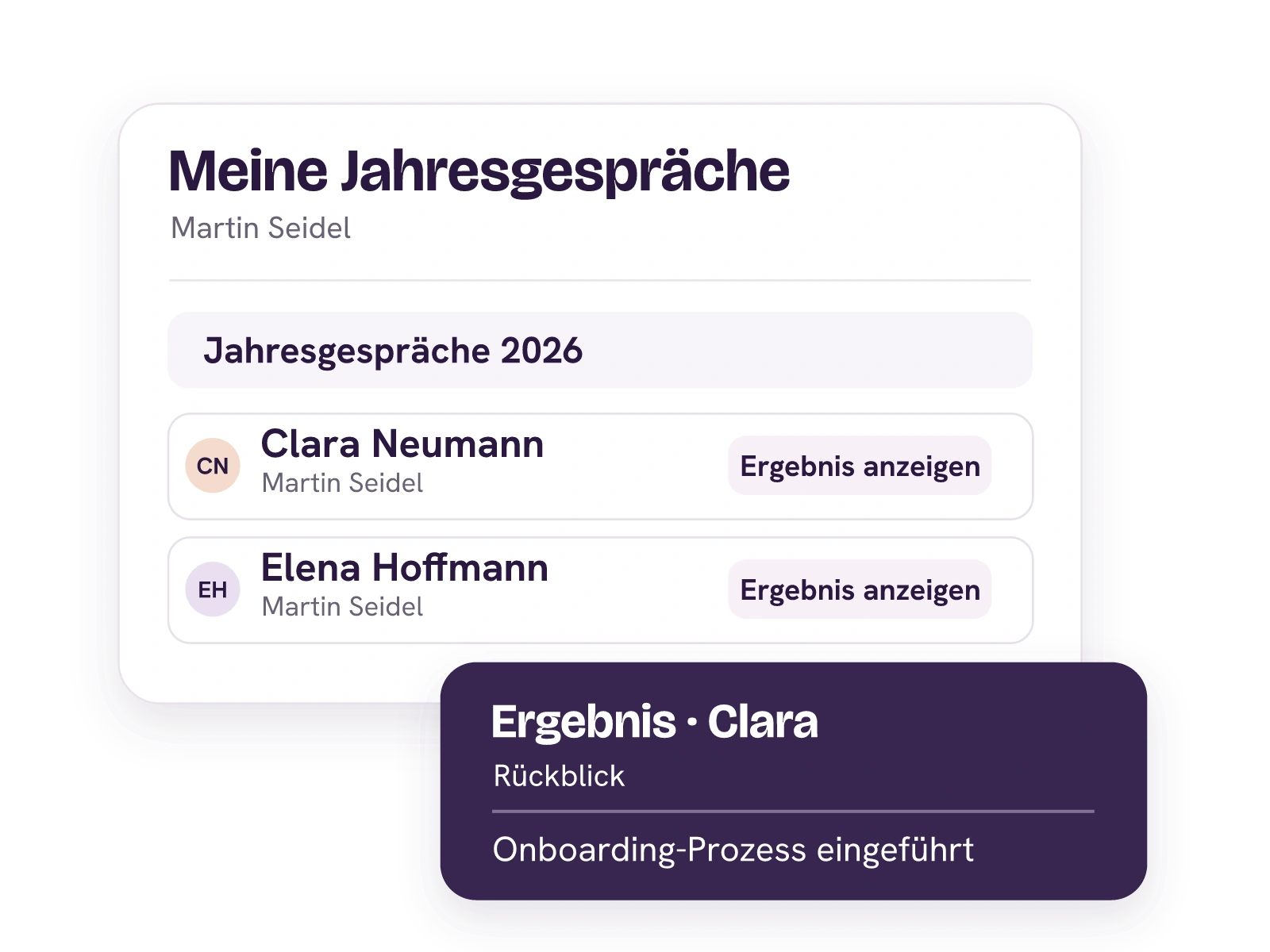 Martins Liste der Jahresgespräche 2026 mit Clara Neumann und Elena Hoffmann; Claras Ergebnis ist als Karte geöffnet.