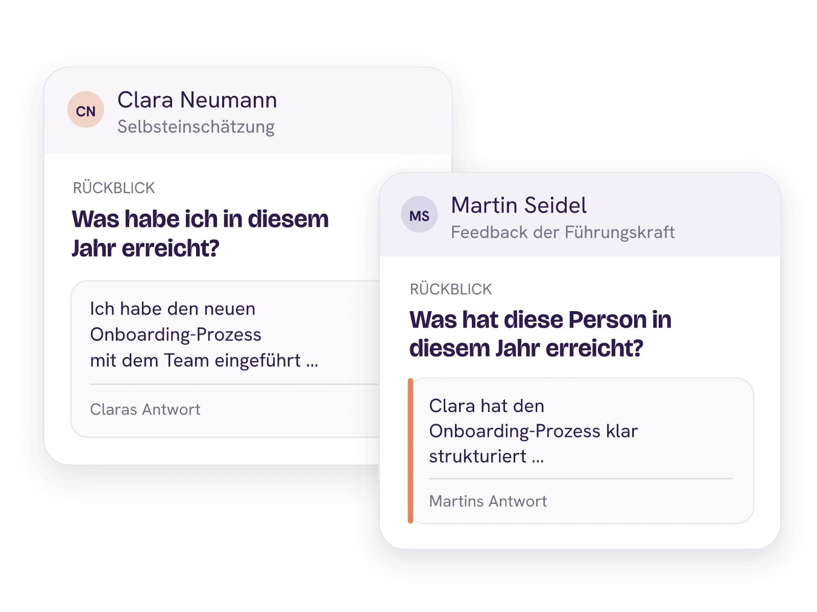 Zwei getrennte Antwortkarten: Clara beschreibt den eingeführten Onboarding-Prozess, Martin bewertet dessen Strukturierung.