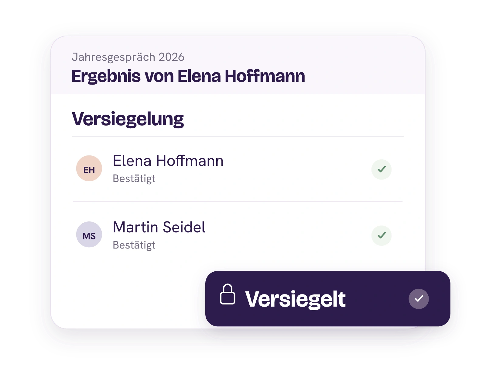 Versiegeltes Jahresgespräch von Elena Hoffmann mit Bestätigungen von Elena Hoffmann und Martin Seidel.