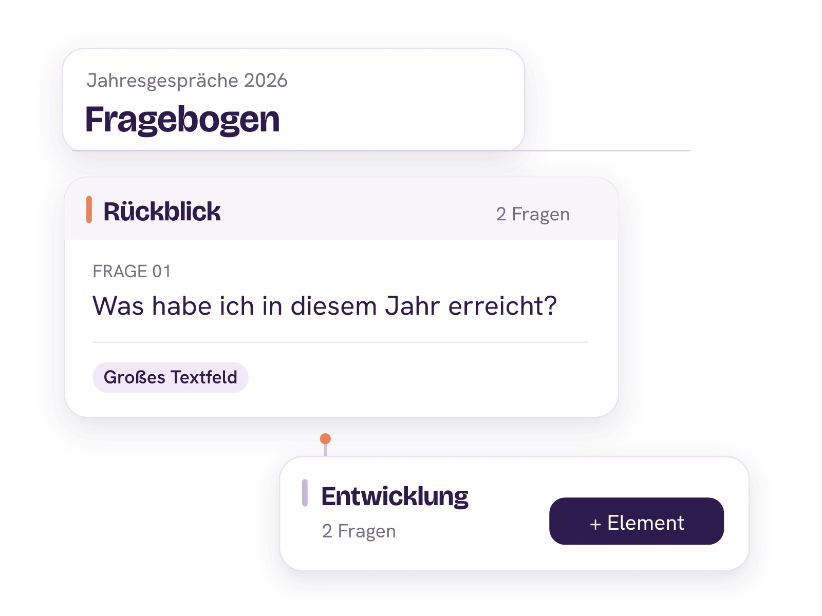 Fragebogen für Jahresgespräche 2026 mit den Seiten Rückblick und Entwicklung, einer Textfrage und dem Button + Element.
