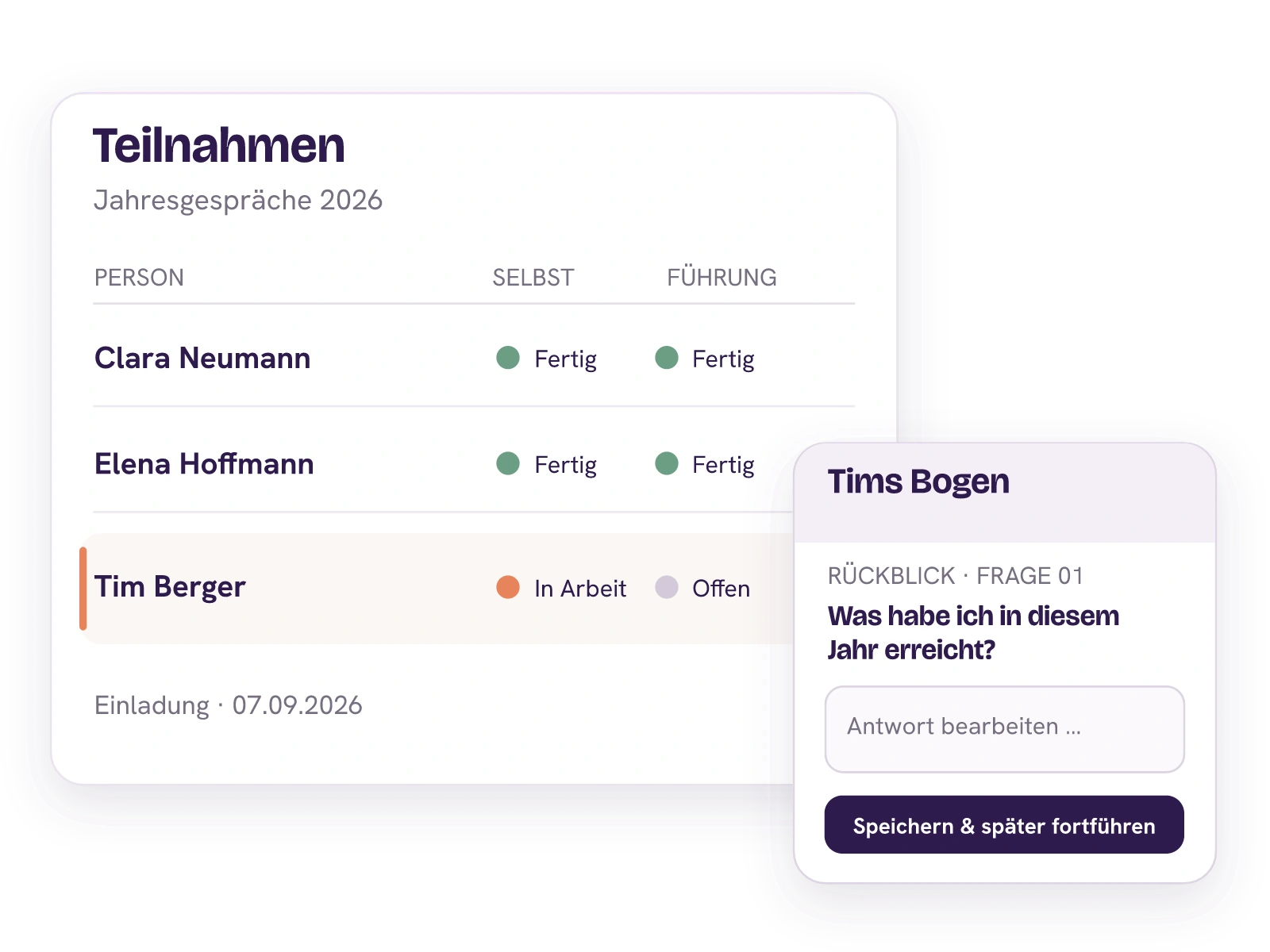 Teilnahmestatus von Clara, Elena und Tim; neben Tims begonnener Selbsteinschätzung ist sein bearbeitbarer Bogen geöffnet.