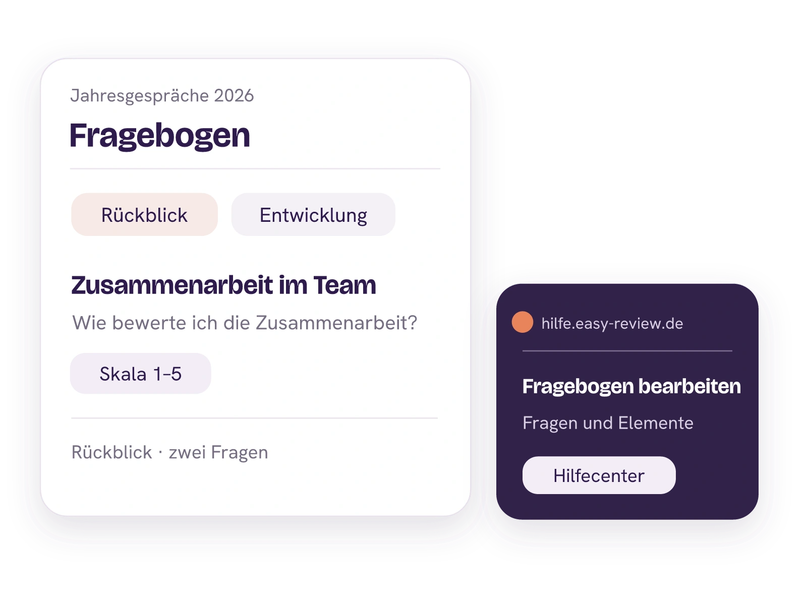 Ein Jahresgespräch-Fragebogen steht neben dem externen easyreview Hilfecenter-Thema Fragebogen bearbeiten.