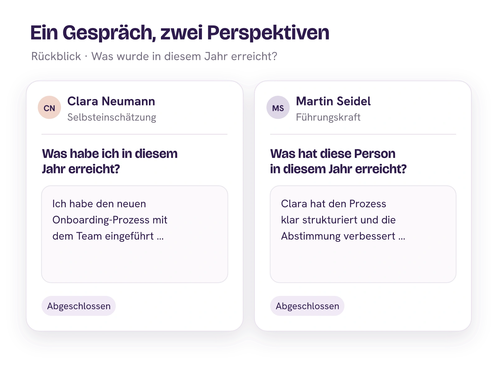 Clara Neumann und Martin Seidel bereiten dieselbe Rückblickfrage in getrennten Ansichten vor.