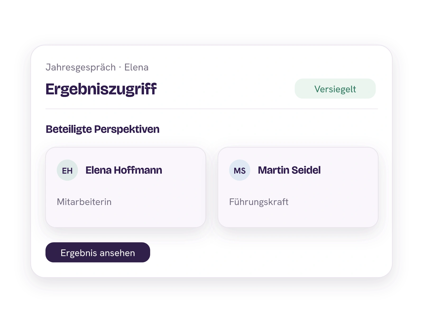 Reduzierte Ergebnisansicht mit Elena und ihrer Führungskraft Martin als beteiligten Perspektiven und versiegeltem Zustand.