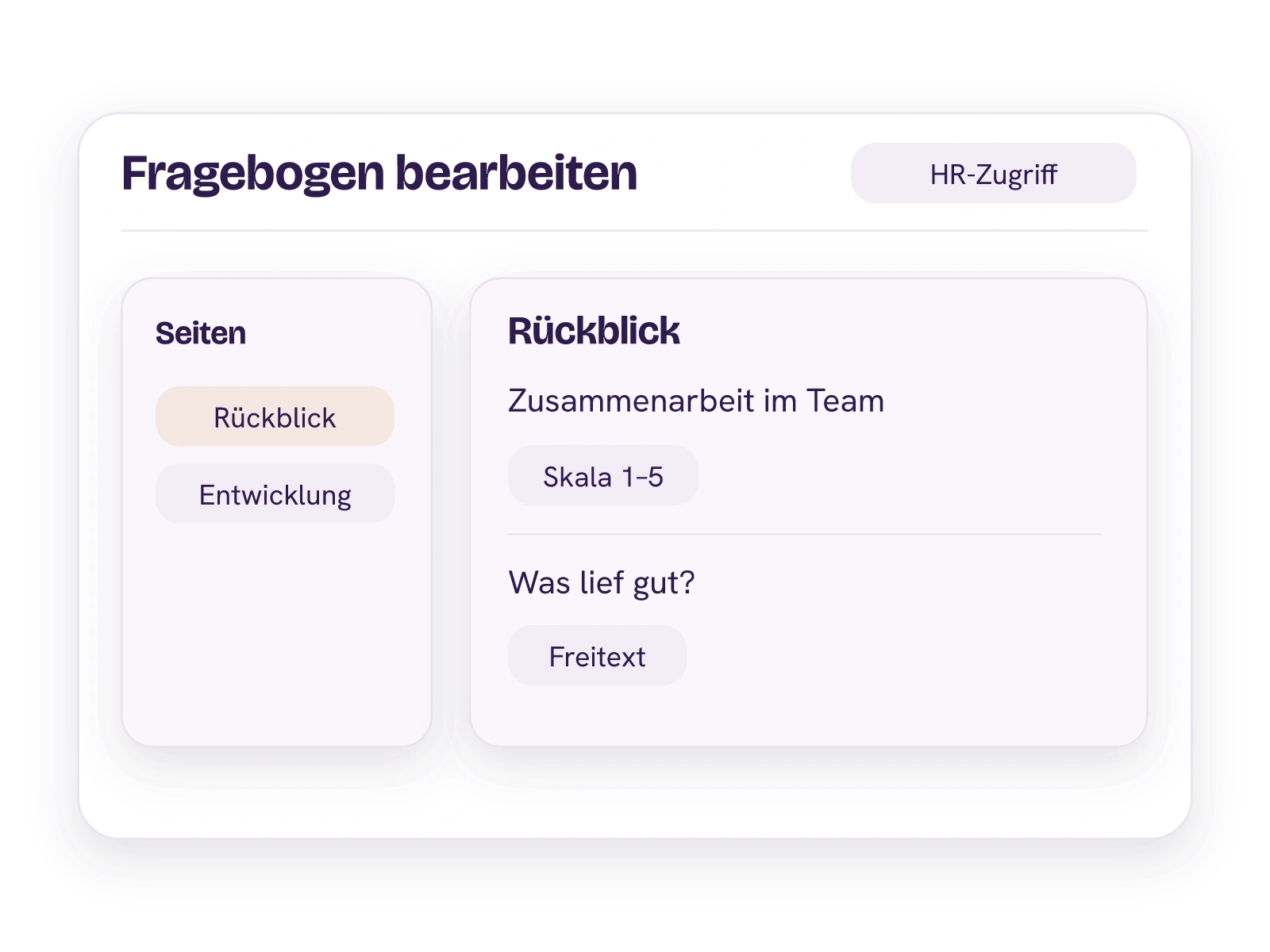 HR-Ansicht zum Bearbeiten eines Jahresgespräch-Fragebogens mit Rückblick und Entwicklung sowie Skalen- und Freitextfragen.