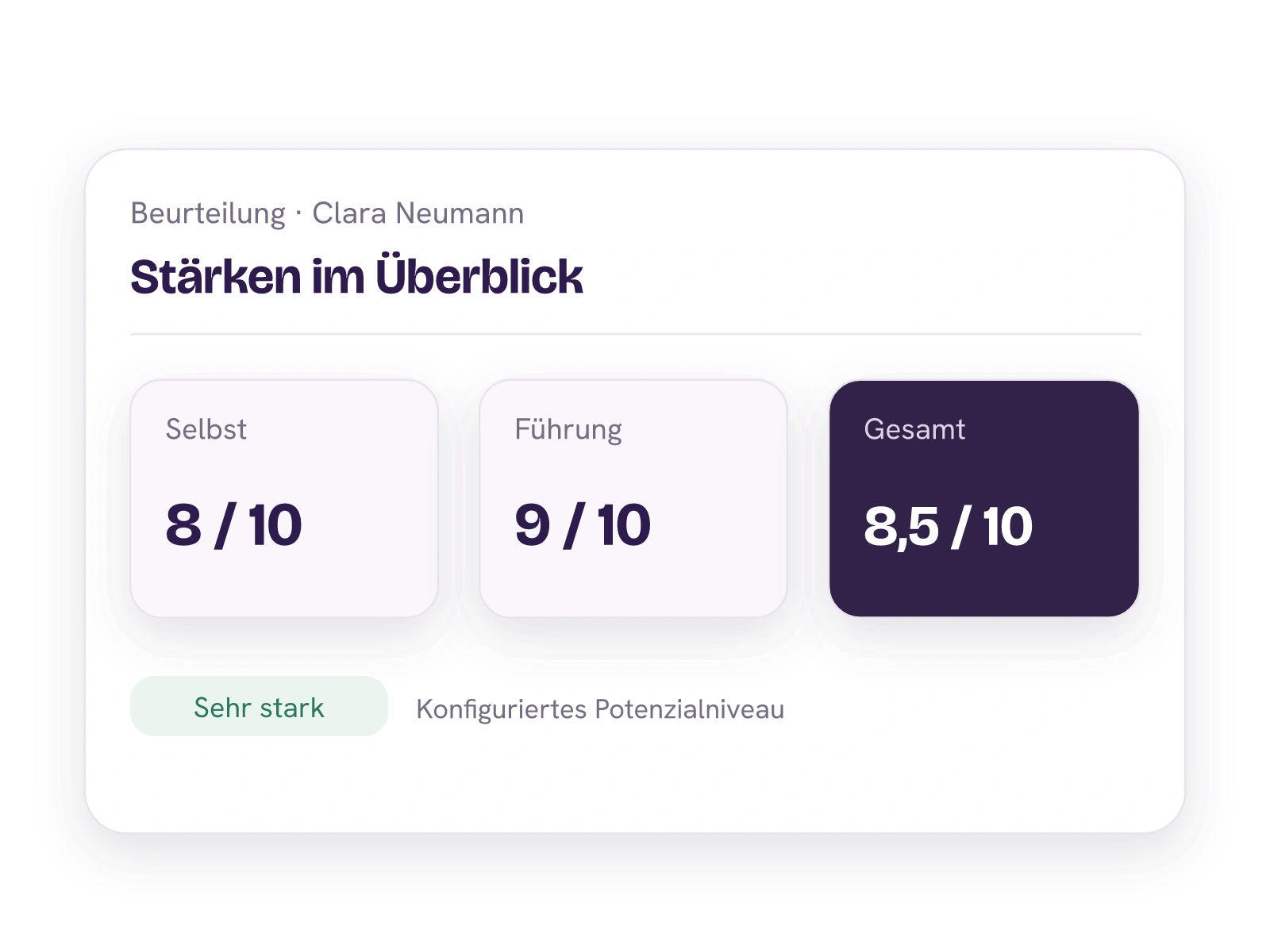 Claras Selbsteinschätzung mit acht von zehn, Führungseinschätzung mit neun von zehn und konfiguriertes Gesamtergebnis von 8,5.