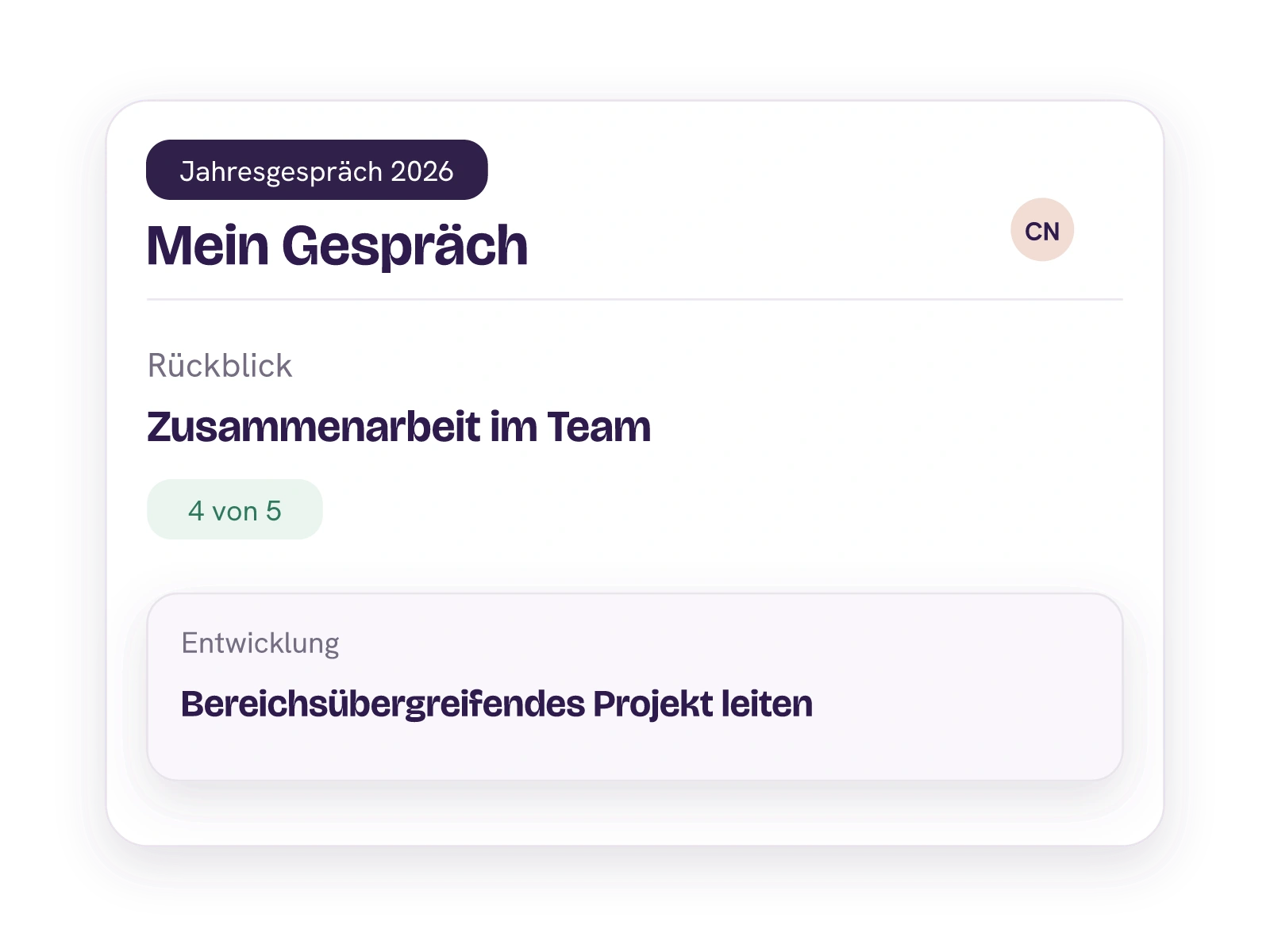 Claras persönlicher Jahresgesprächsbogen mit dem Rückblick zur Zusammenarbeit und ihrem Wunsch, ein bereichsübergreifendes Projekt zu leiten.