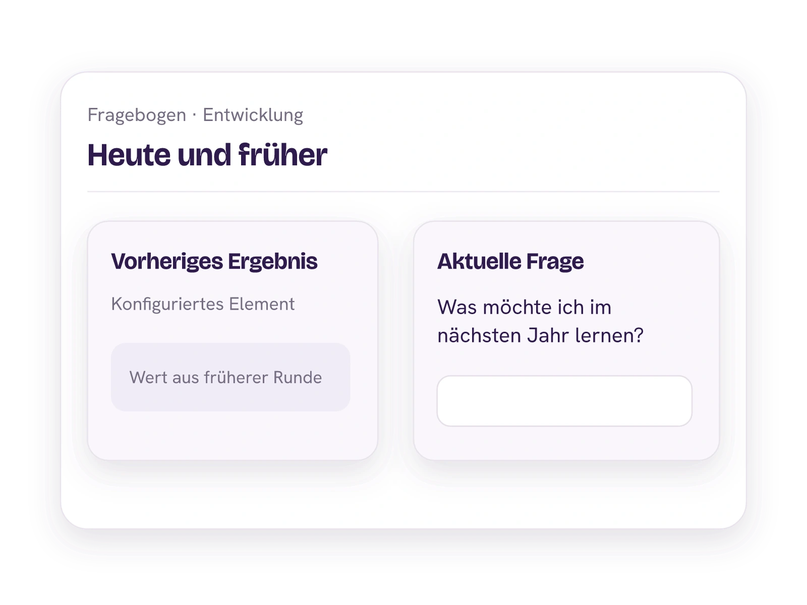 Ein konfigurierbares Element für ein vorheriges Ergebnis neben einer aktuellen Entwicklungsfrage; kein historischer Demo-Wert wird behauptet.