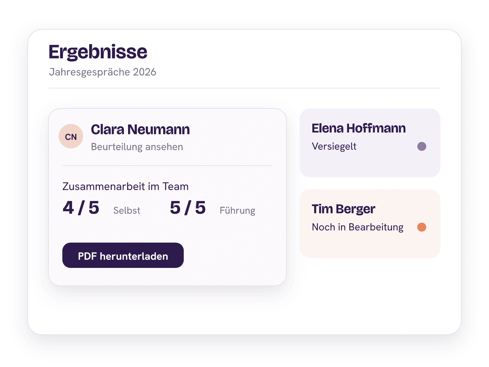 Ergebnisliste zu Clara, Elena und Tim mit unterschiedlichen Zuständen und PDF-Aktion.