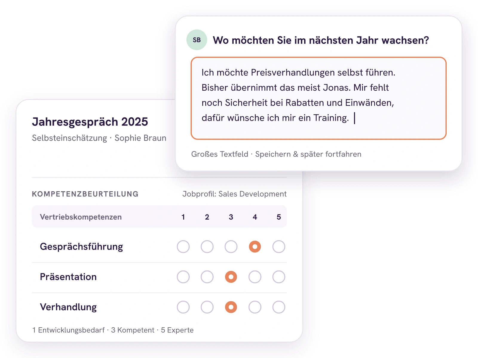 Sophie Brauns Selbsteinschätzung im Jahresgespräch 2025: Gesprächsführung 4, Präsentation 3 und Verhandlung 3 auf einer Skala von 1 bis 5. Auf die Frage, wo sie wachsen möchte, schreibt sie, dass sie Preisverhandlungen selbst führen will und sich dafür ein Training wünscht.