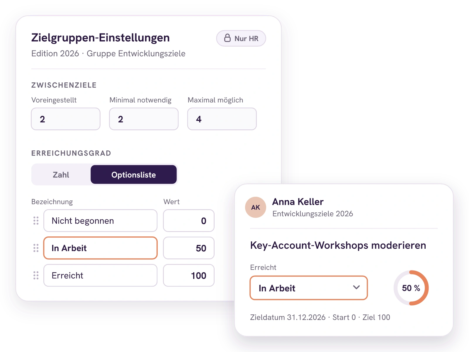 Zielgruppen-Einstellungen der Gruppe Entwicklungsziele: zwei Ziele voreingestellt, mindestens zwei, höchstens vier, Erreichungsgrad als Optionsliste mit Nicht begonnen 0, In Arbeit 50 und Erreicht 100. Davor Anna Kellers Ziel Key-Account-Workshops moderieren mit der Stufe In Arbeit, also 50 Prozent.