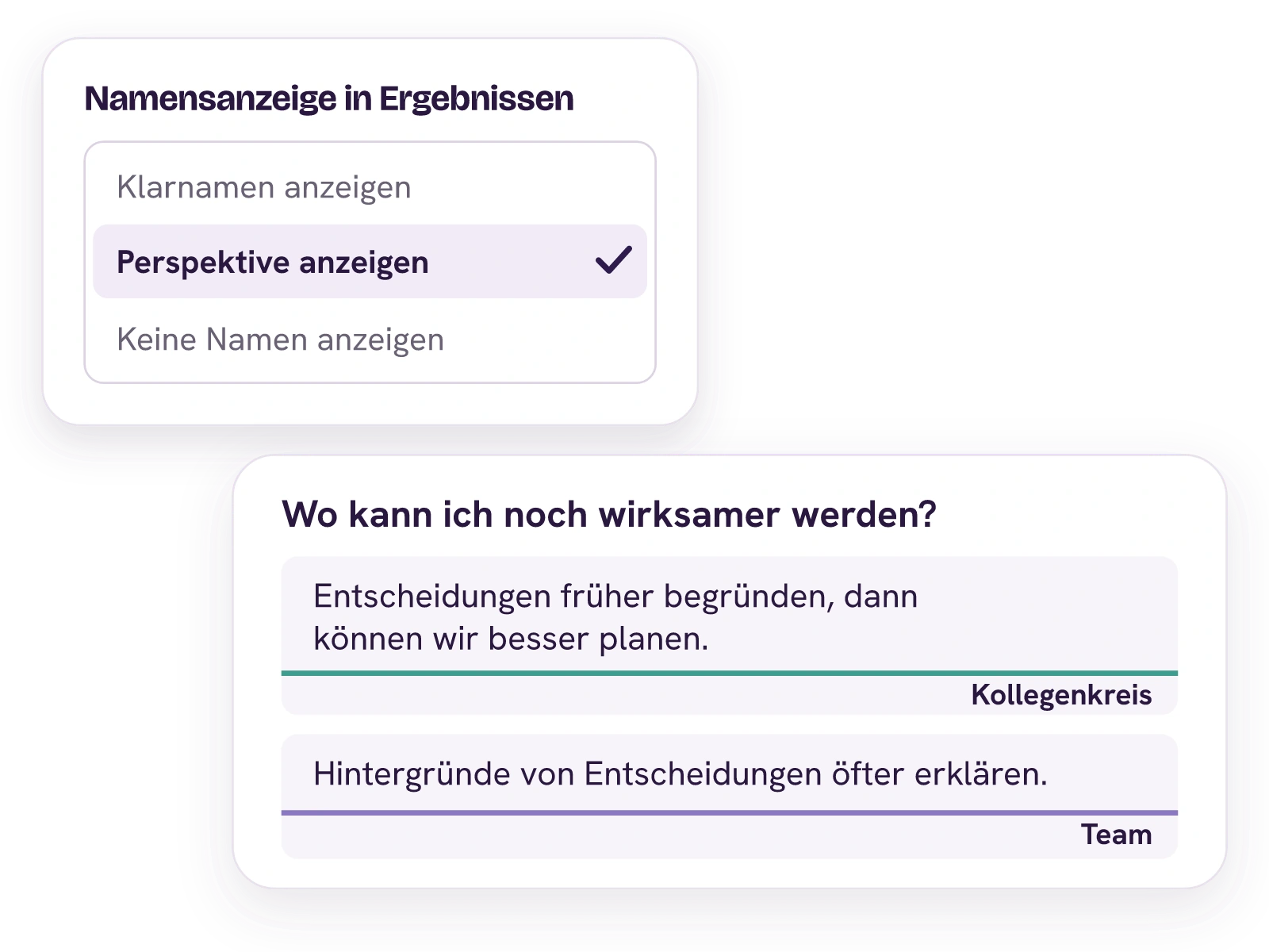 Die Namensanzeige in Ergebnissen steht auf Perspektive anzeigen. In Leons Ergebnis tragen die Textantworten deshalb Kollegenkreis oder Team statt der Namen der Feedback-Geber.