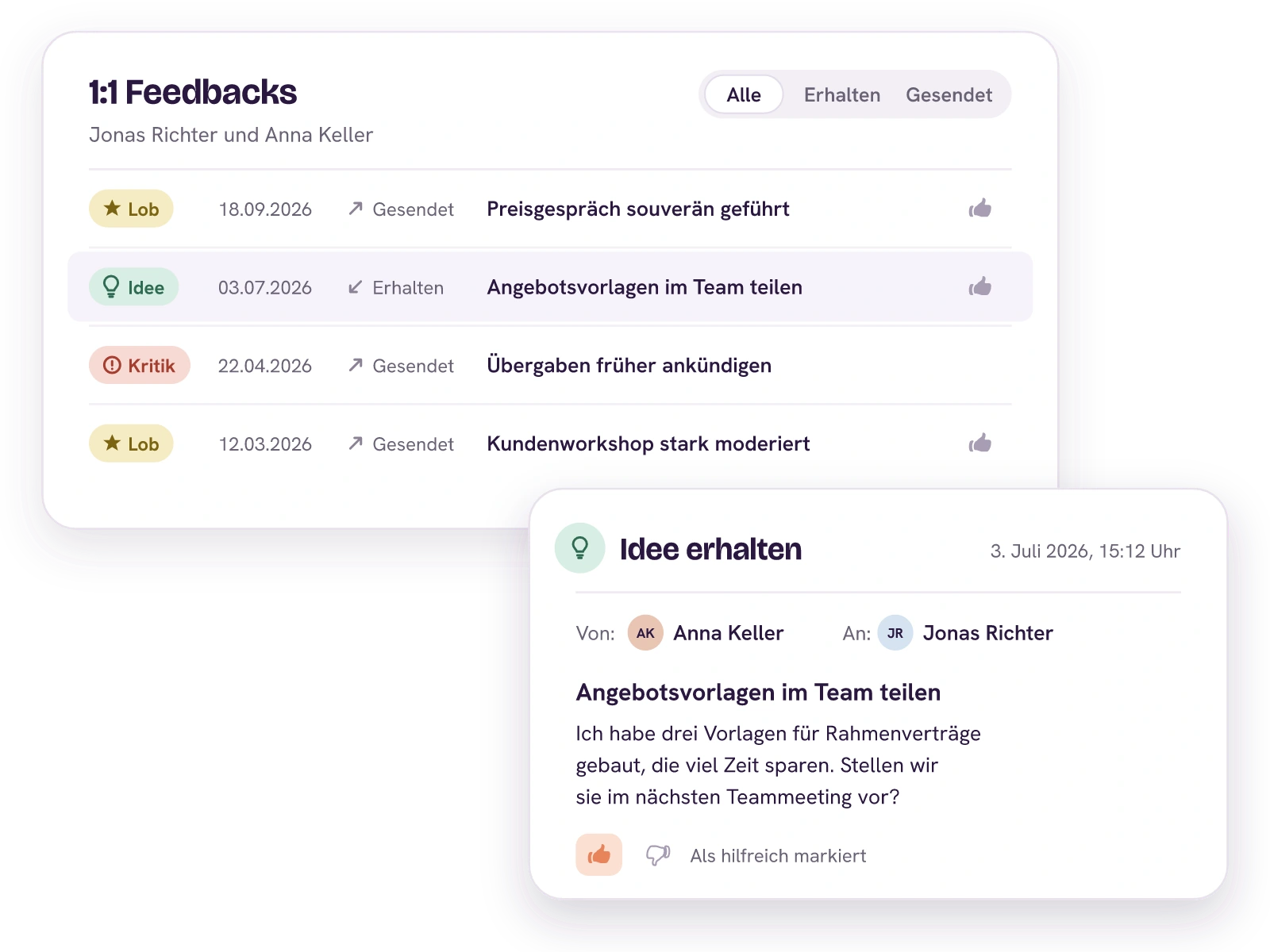Die 1:1 Feedbacks zwischen Jonas Richter und Anna Keller von März bis September mit Lob, Kritik und einer Idee, jeweils als gesendet oder erhalten markiert. Davor die geöffnete Idee von Anna Keller zu Angebotsvorlagen, die Jonas Richter als hilfreich markiert hat.
