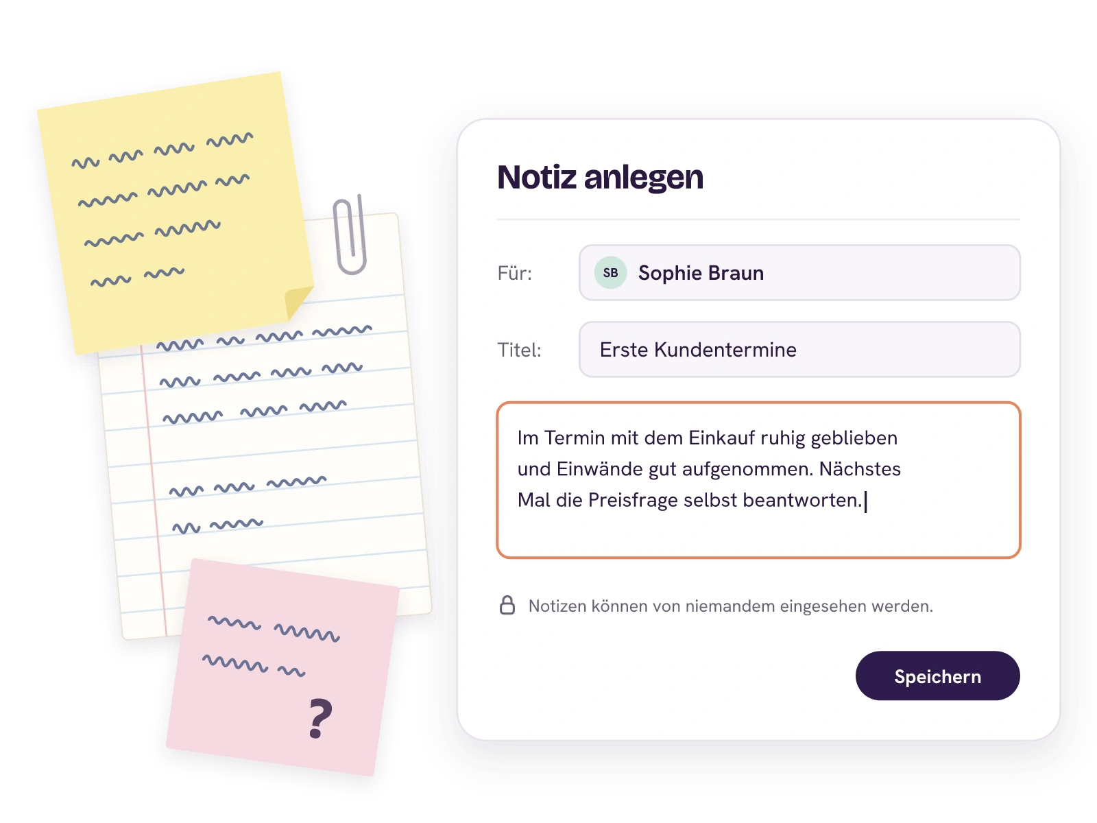 Lose Zettel mit Kritzeleien neben dem Formular Notiz anlegen: für Sophie Braun, Titel Erste Kundentermine, mit einer kurzen Beobachtung aus dem Kundentermin und dem Hinweis, dass niemand sonst die Notiz einsehen kann.