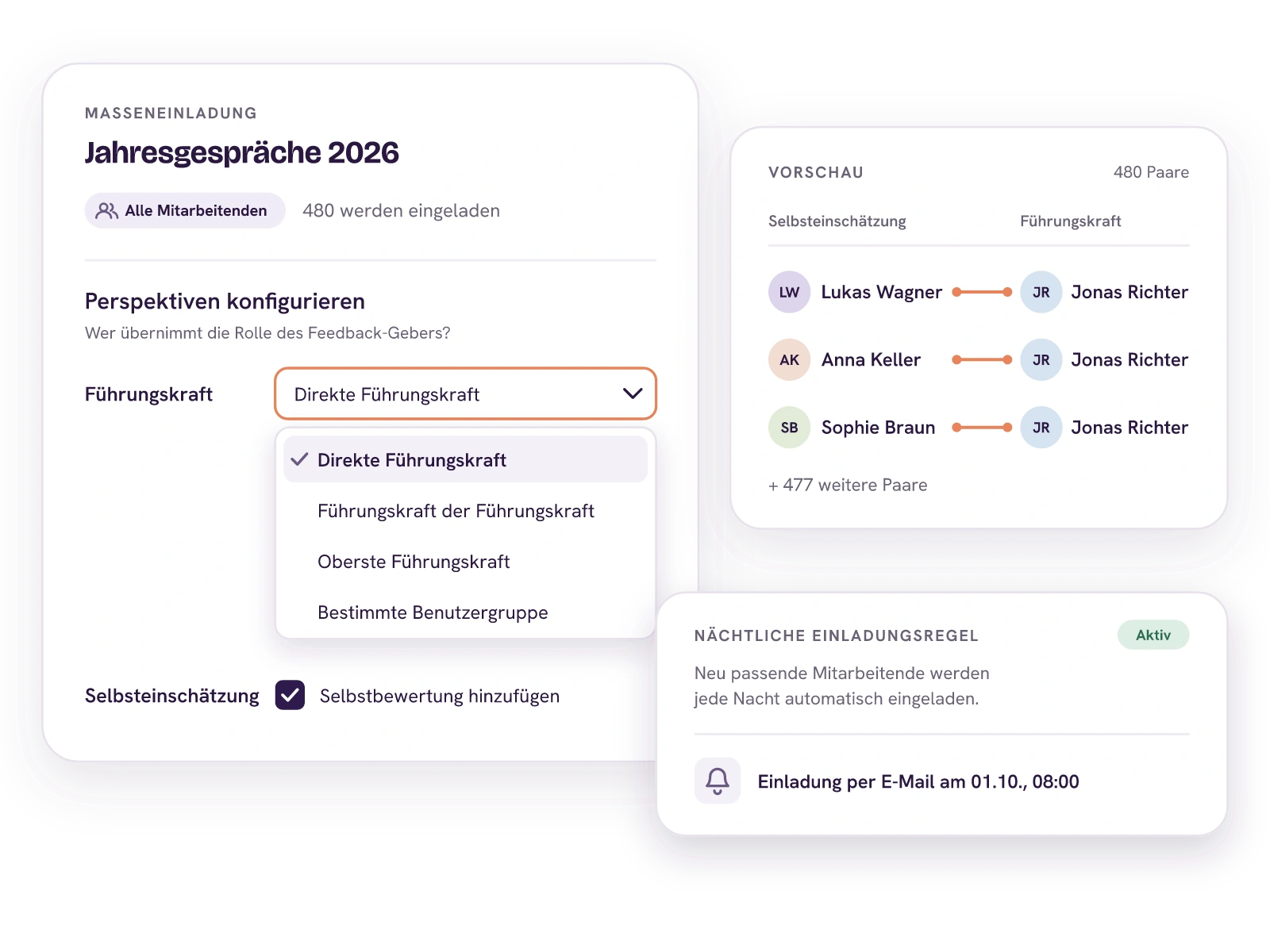 Masseneinladung für die Jahresgespräche 2026 mit 480 Mitarbeitenden: Als Führungskraft übernimmt die direkte Führungskraft, zur Auswahl stehen auch die Führungskraft der Führungskraft, die oberste Führungskraft und eine bestimmte Benutzergruppe. Die Vorschau zeigt Lukas Wagner, Anna Keller und Sophie Braun jeweils mit Jonas Richter. Die nächtliche Einladungsregel ist aktiv, die Einladung geht am 01.10. um 08:00 Uhr per E-Mail raus.