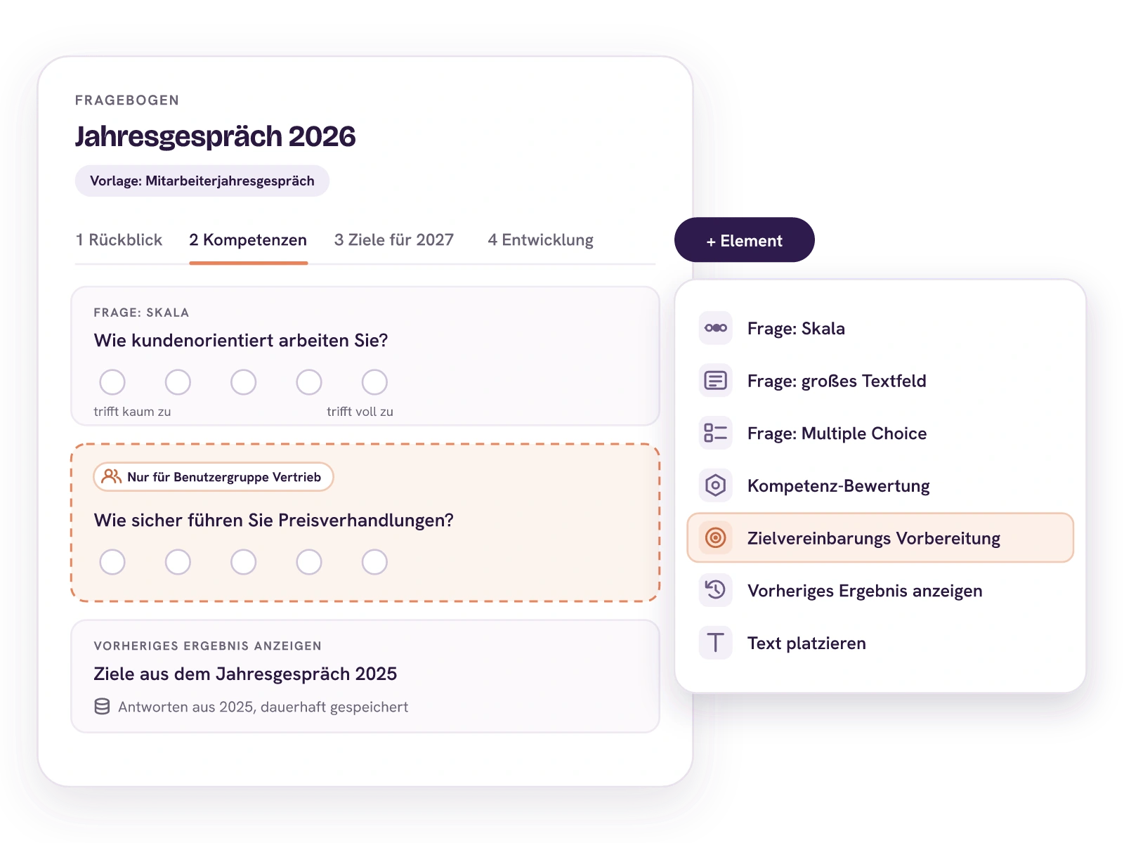 Fragebogeneditor für das Jahresgespräch 2026 aus der Vorlage Mitarbeiterjahresgespräch mit vier Seiten. Auf der Seite Kompetenzen eine Skalenfrage zur Kundenorientierung, ein Frageblock zu Preisverhandlungen nur für die Benutzergruppe Vertrieb und die Ziele aus dem Jahresgespräch 2025 als vorheriges Ergebnis. Daneben das geöffnete Menü + Element mit Bausteinen wie Skala, Kompetenz-Bewertung und Zielvereinbarungs-Vorbereitung.