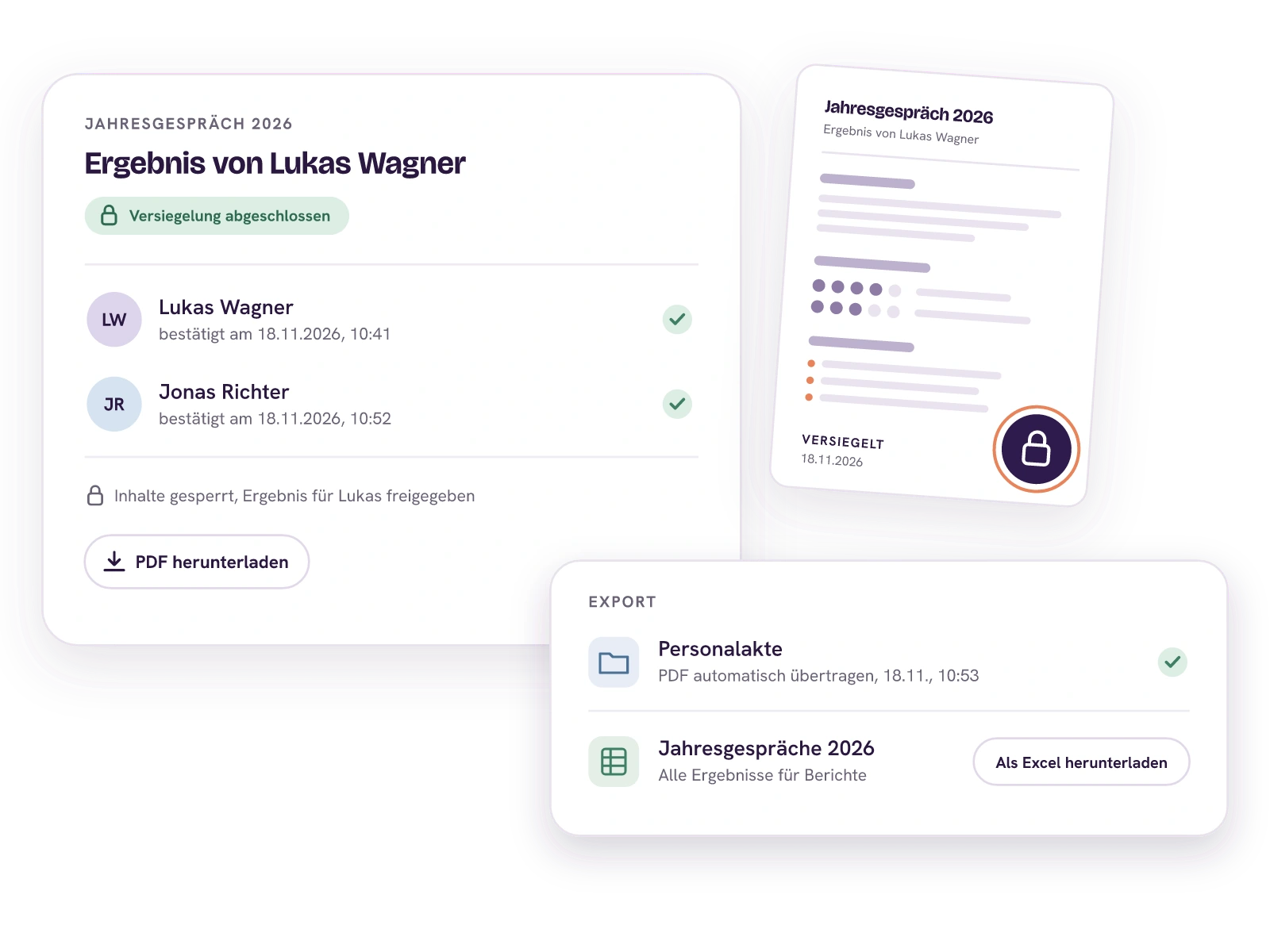 Lukas Wagners Ergebnis aus dem Jahresgespräch 2026 mit abgeschlossener Versiegelung: Lukas Wagner hat am 18.11.2026 um 10:41 Uhr bestätigt, Jonas Richter um 10:52 Uhr. Die Inhalte sind gesperrt, das Ergebnis lässt sich als PDF herunterladen. Um 10:53 Uhr ging das PDF automatisch in die Personalakte, die Jahresgespräche 2026 lassen sich für Berichte als Excel herunterladen.