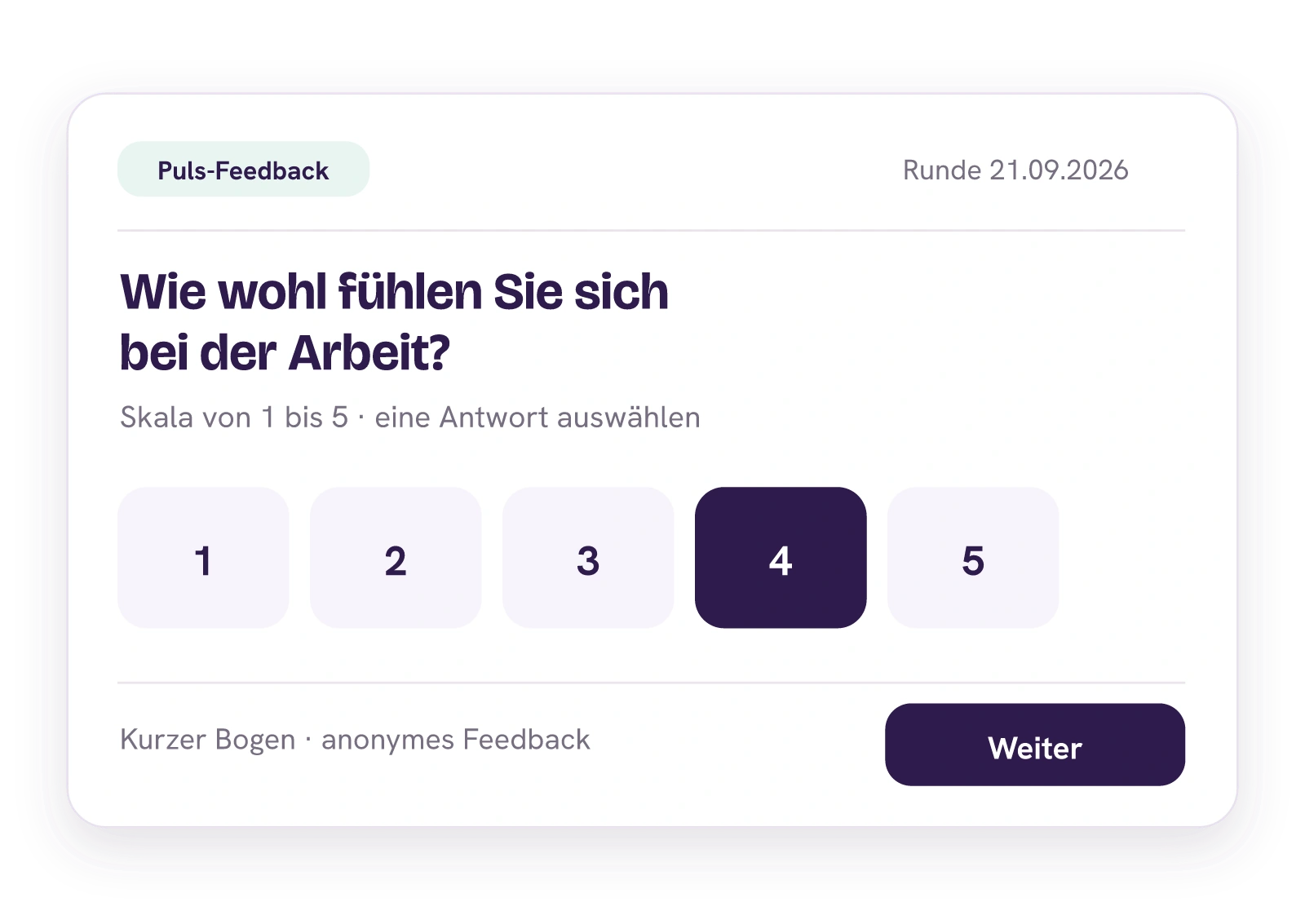 Kurzer anonymer Puls-Fragebogen vom 21. September mit einer Skalenfrage zum Wohlbefinden.