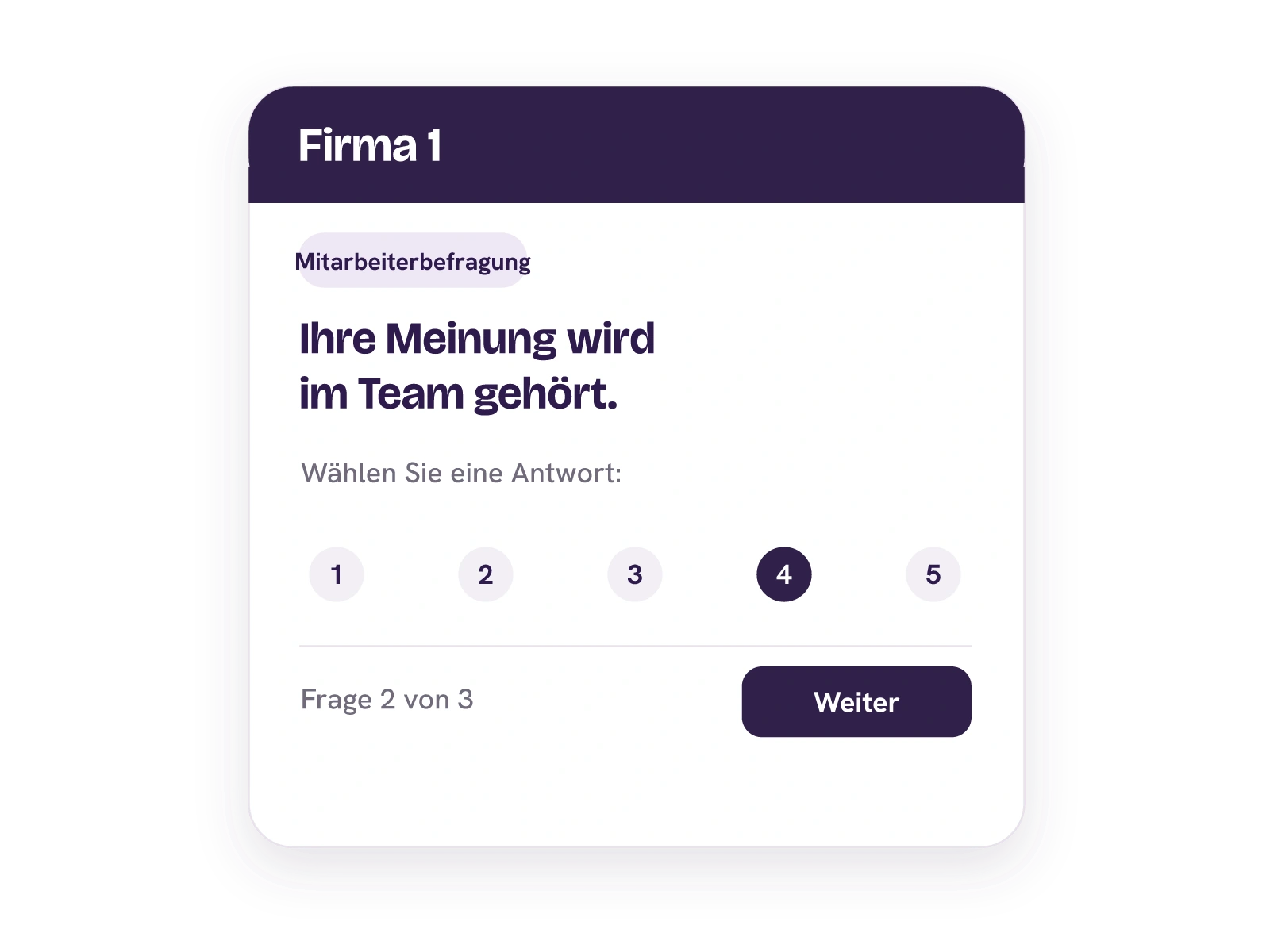 Teilnehmerfragebogen im Firmenkontext von Firma 1; eine 1-bis-5-Skalenfrage ist geöffnet.