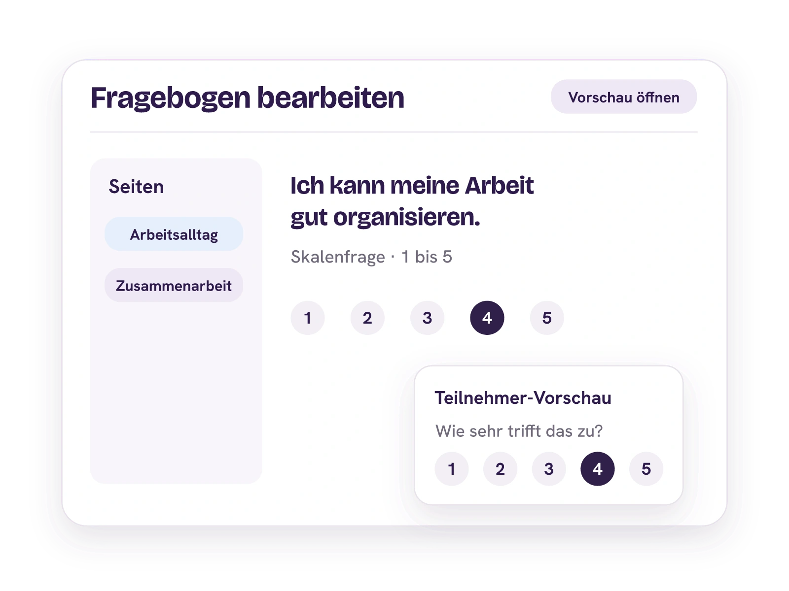 HR bearbeitet eine Skalenfrage im zweiseitigen Fragebogen und sieht eine getrennte Teilnehmer-Vorschau.