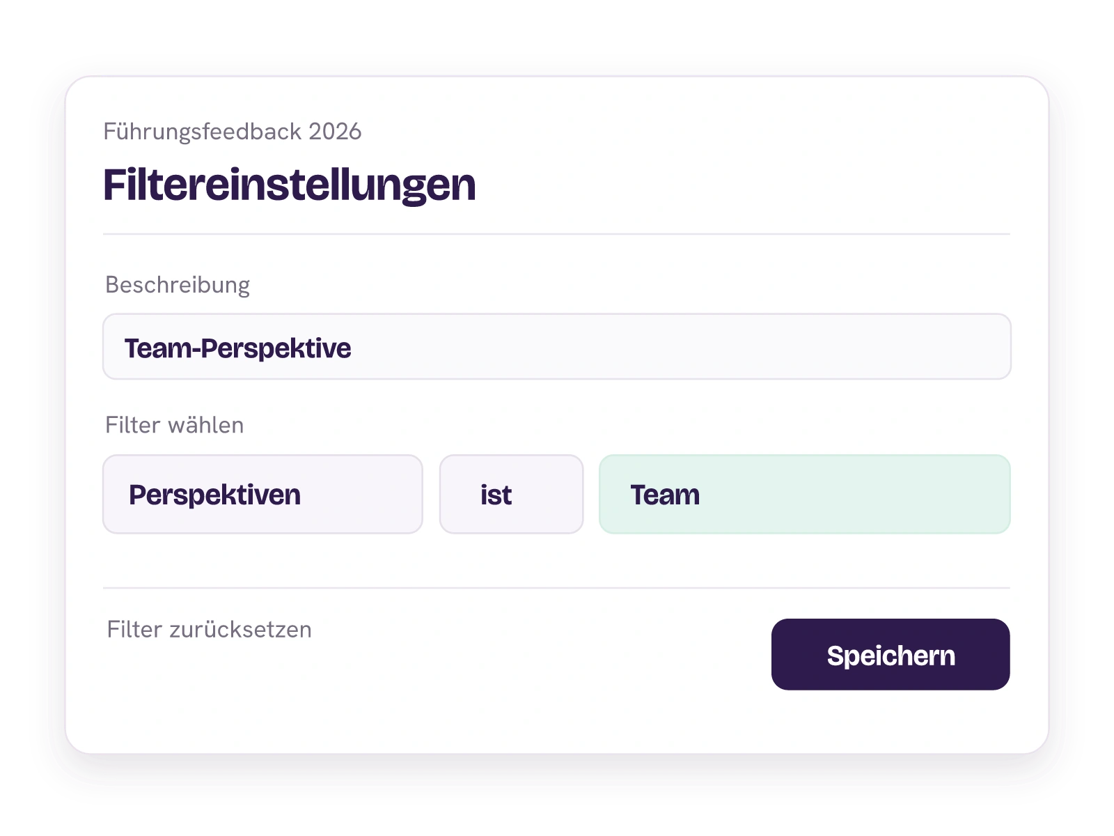 Filtereinstellungen einer 360-Grad-Feedbackedition mit der exemplarischen Perspektive Team.