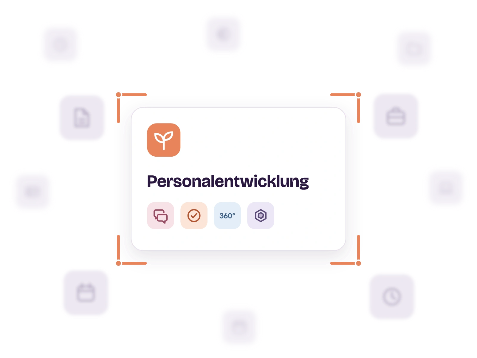 Illustration: Unscharfe graue Symbole für allgemeine HR-Themen wie Zeiterfassung, Urlaub, Lohn und Dokumente umgeben die scharf gestellte Karte Personalentwicklung mit den Symbolen für Mitarbeitergespräche, Ziele, 360°-Feedback und Kompetenzmodelle.