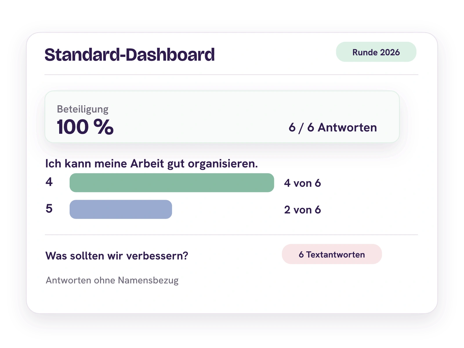 Aggregiertes Standard-Dashboard mit 100 Prozent Beteiligung, Skalenantworten und sechs anonymen Freitextantworten.