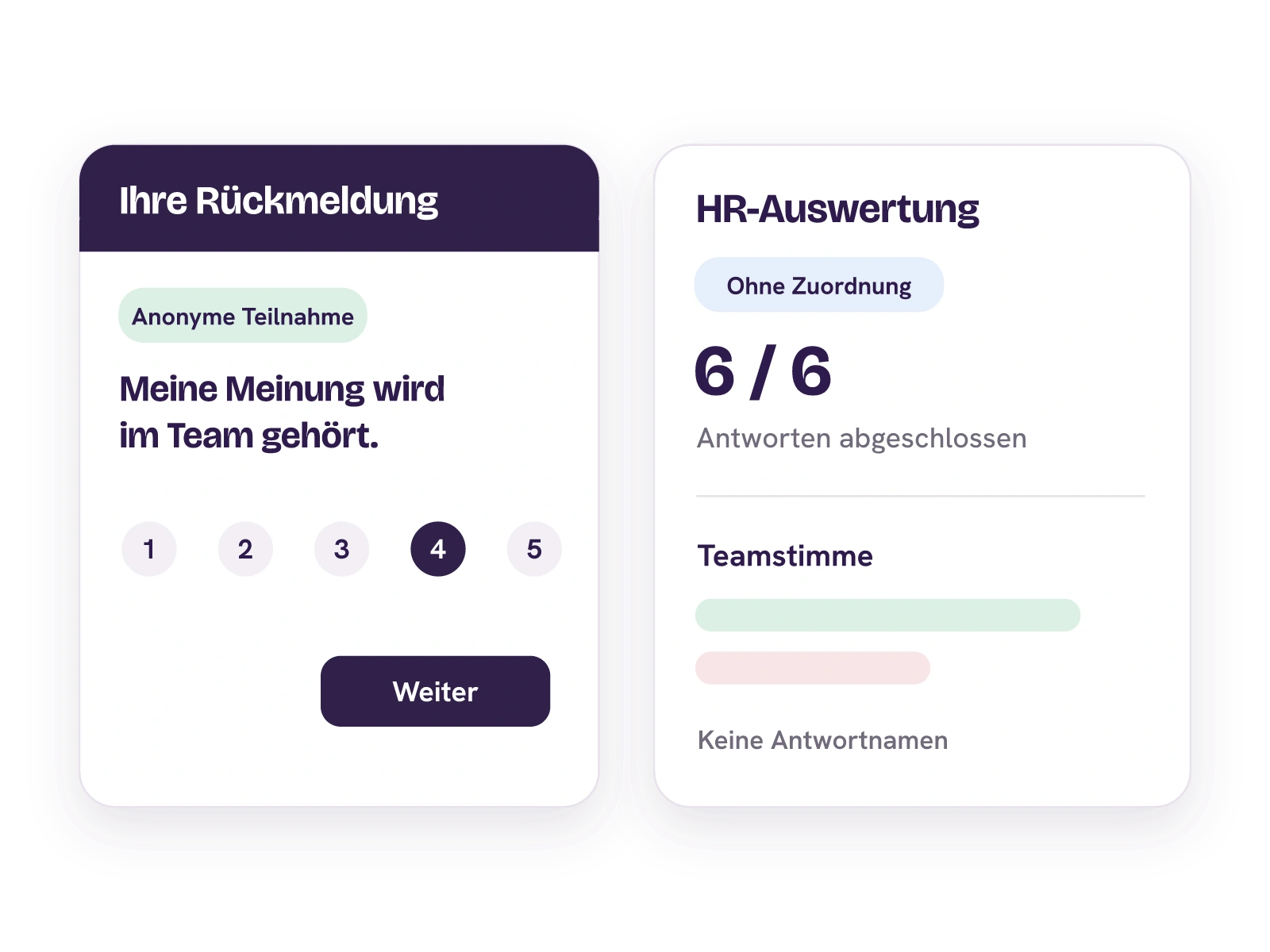 Anonymer Teilnahmebogen und getrennte HR-Auswertung ohne Zuordnung der Antworten zu Namen.