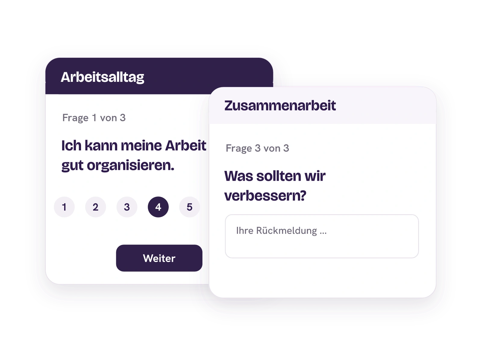 Digitaler Antwortweg vom gewählten Skalenwert zur offenen Verbesserungsfrage ohne Namensfeld.