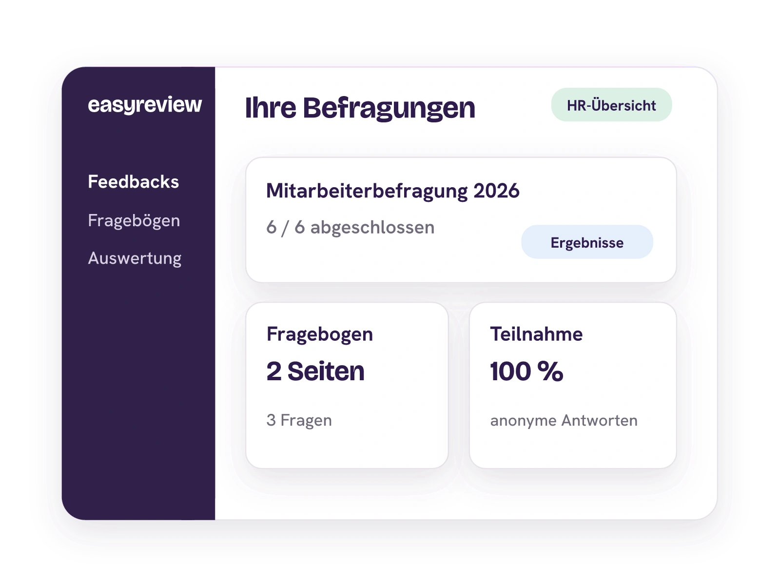 Kompakte HR-Übersicht der Befragung 2026 mit Fragebogen, sechs Antworten und Auswertungszugang.