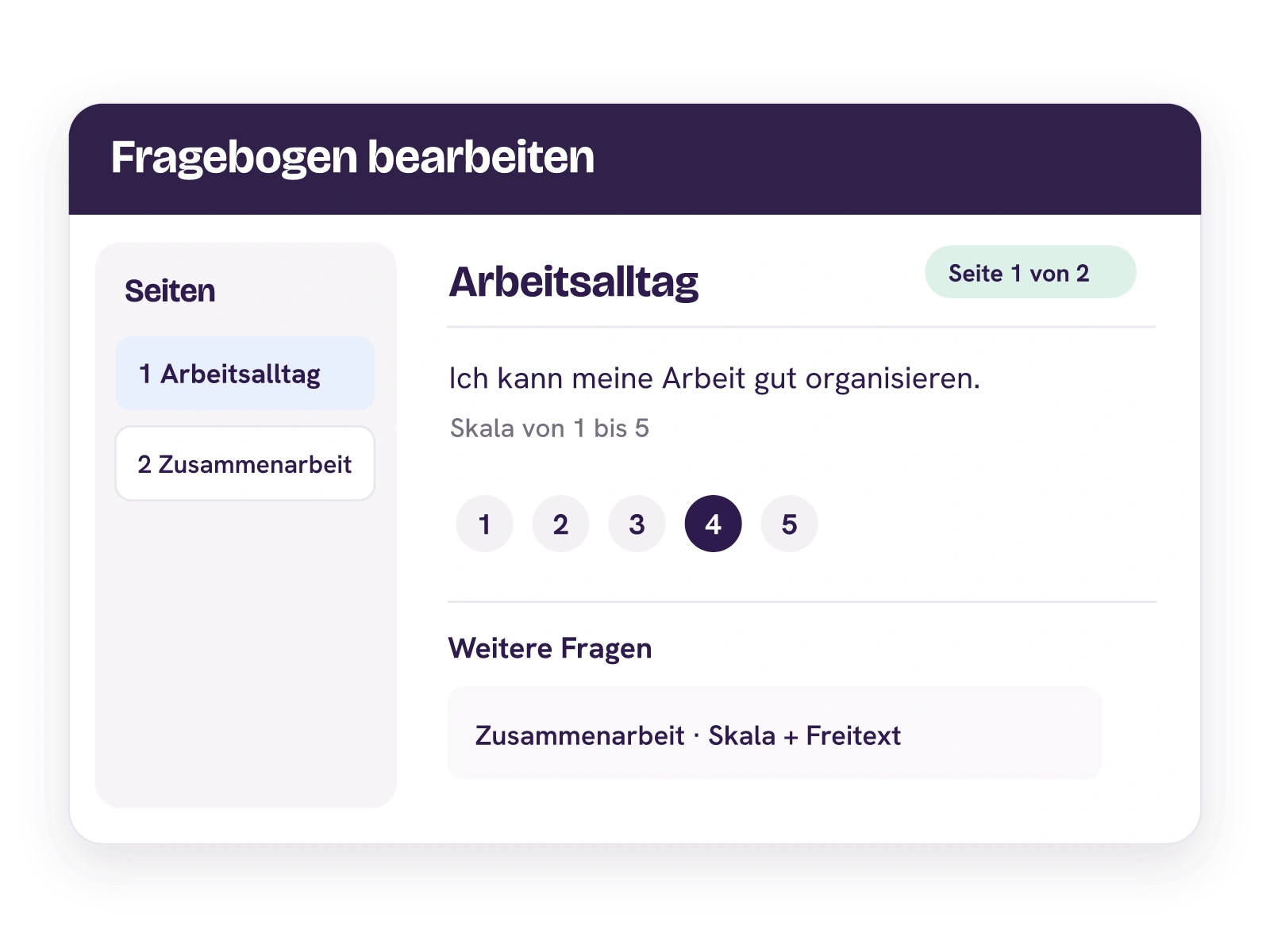 HR-Fragebogeneditor mit den Seiten Arbeitsalltag und Zusammenarbeit sowie Skalen- und Freitextfragen.