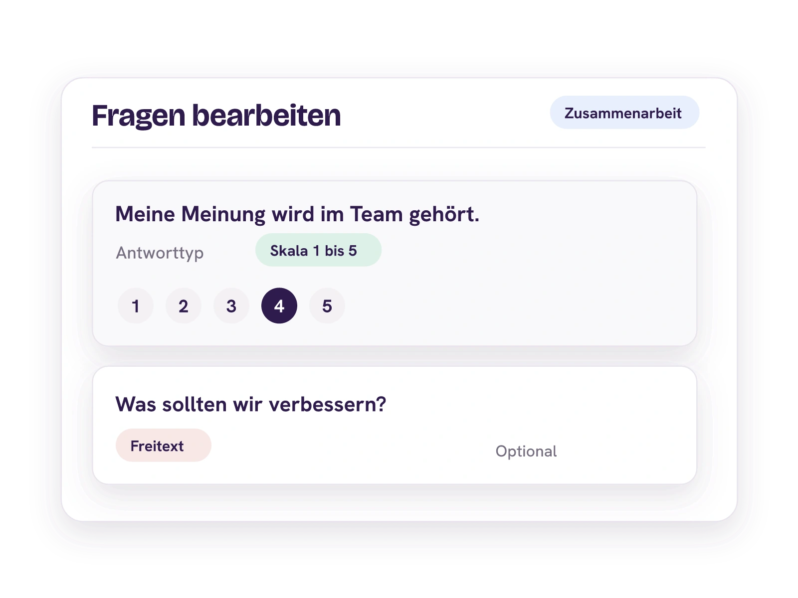 HR bearbeitet eine Skalenfrage und eine optionale Freitextfrage im Fragebogen.
