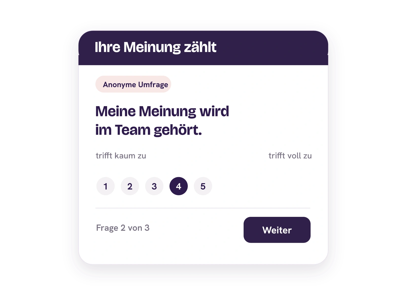 Kurze anonyme Mitarbeiterumfrage mit einer 1-bis-5-Skalenfrage und ausgewählter Antwort vier.